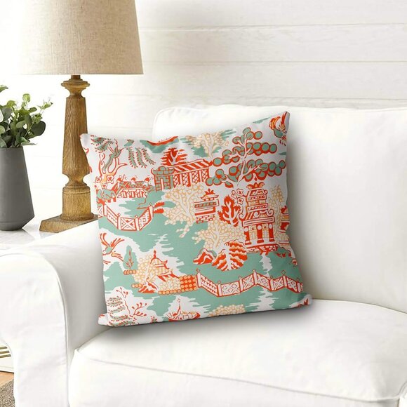 Chinoiserie Cushion Covers, Set of 2 Green, Burnt Orange - Picture 1 of 6